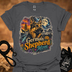 Charcoal T-shirt with German Shepherd Mom graphic, trees and moon