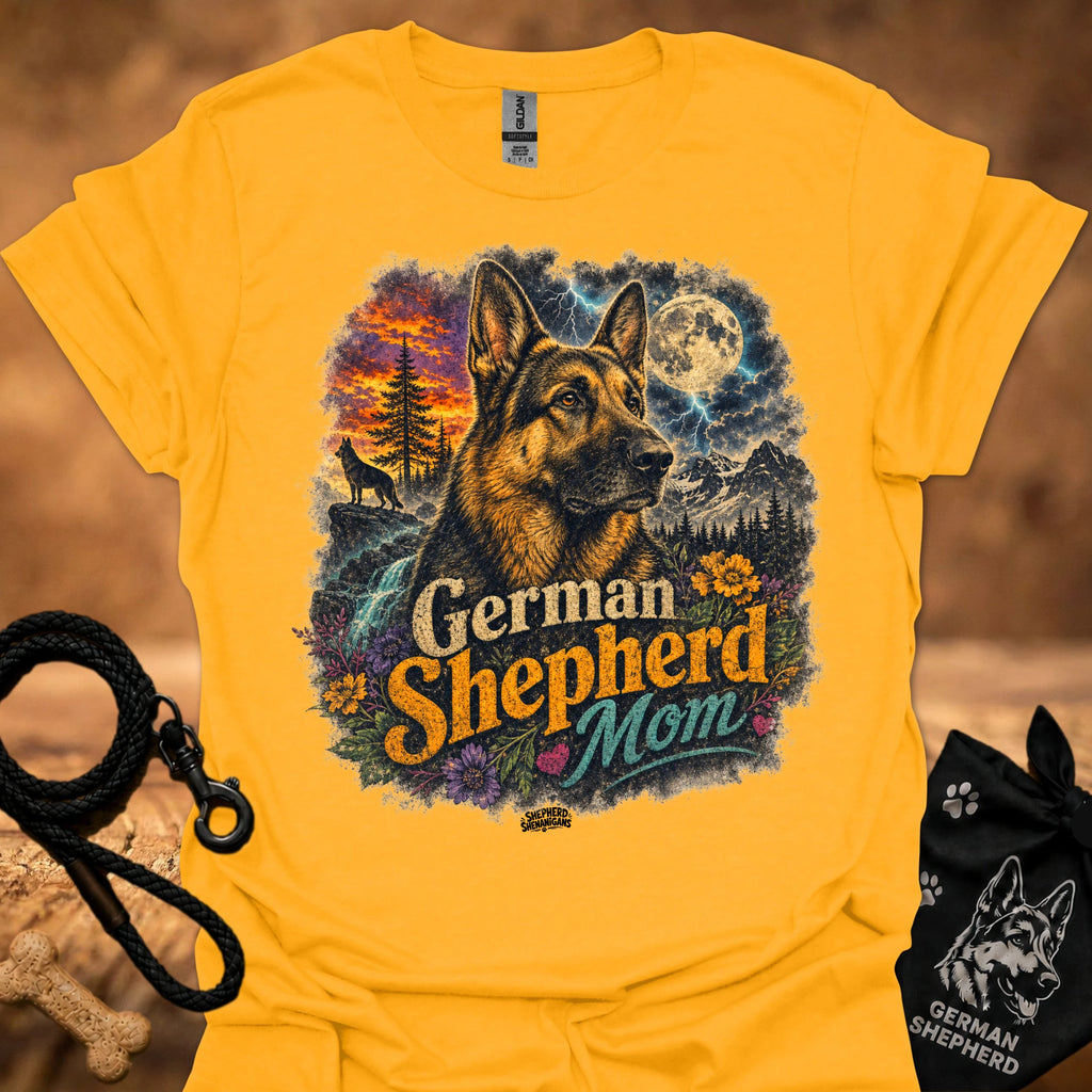 Gold T-shirt with German Shepherd Mom graphic, German shepherd and full moon