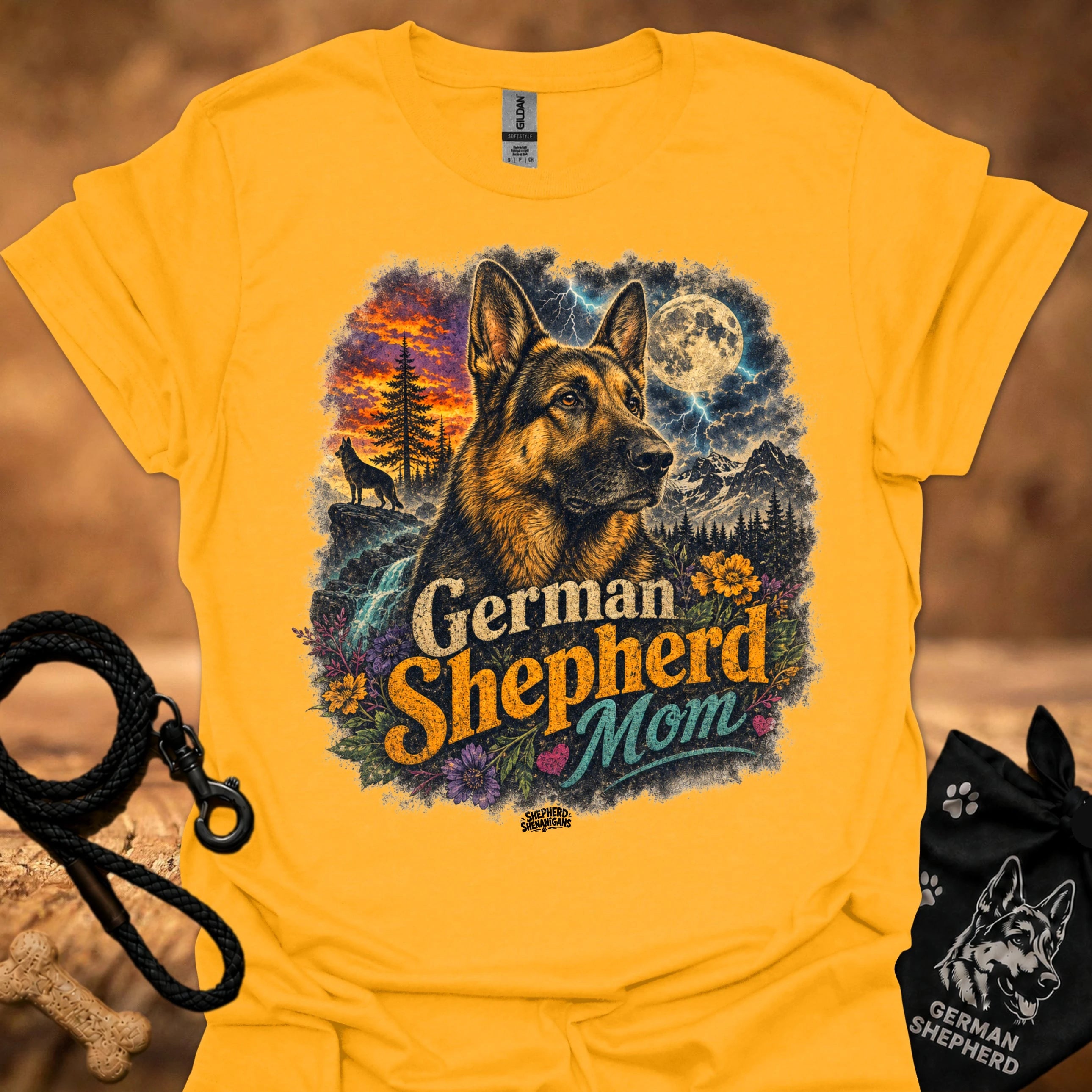 Gold T-shirt with German Shepherd Mom graphic, German shepherd and full moon