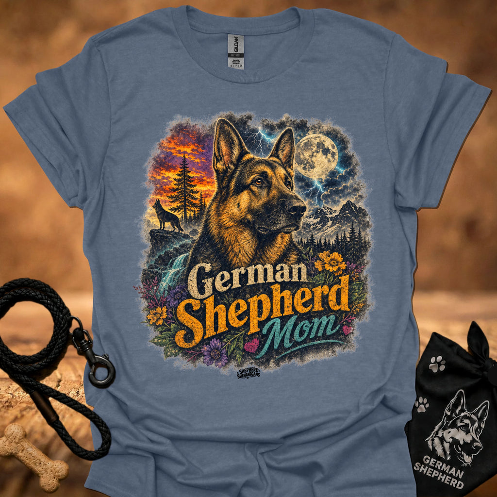 Blue-gray T-shirt with German Shepherd Mom graphic, forest trees and moon