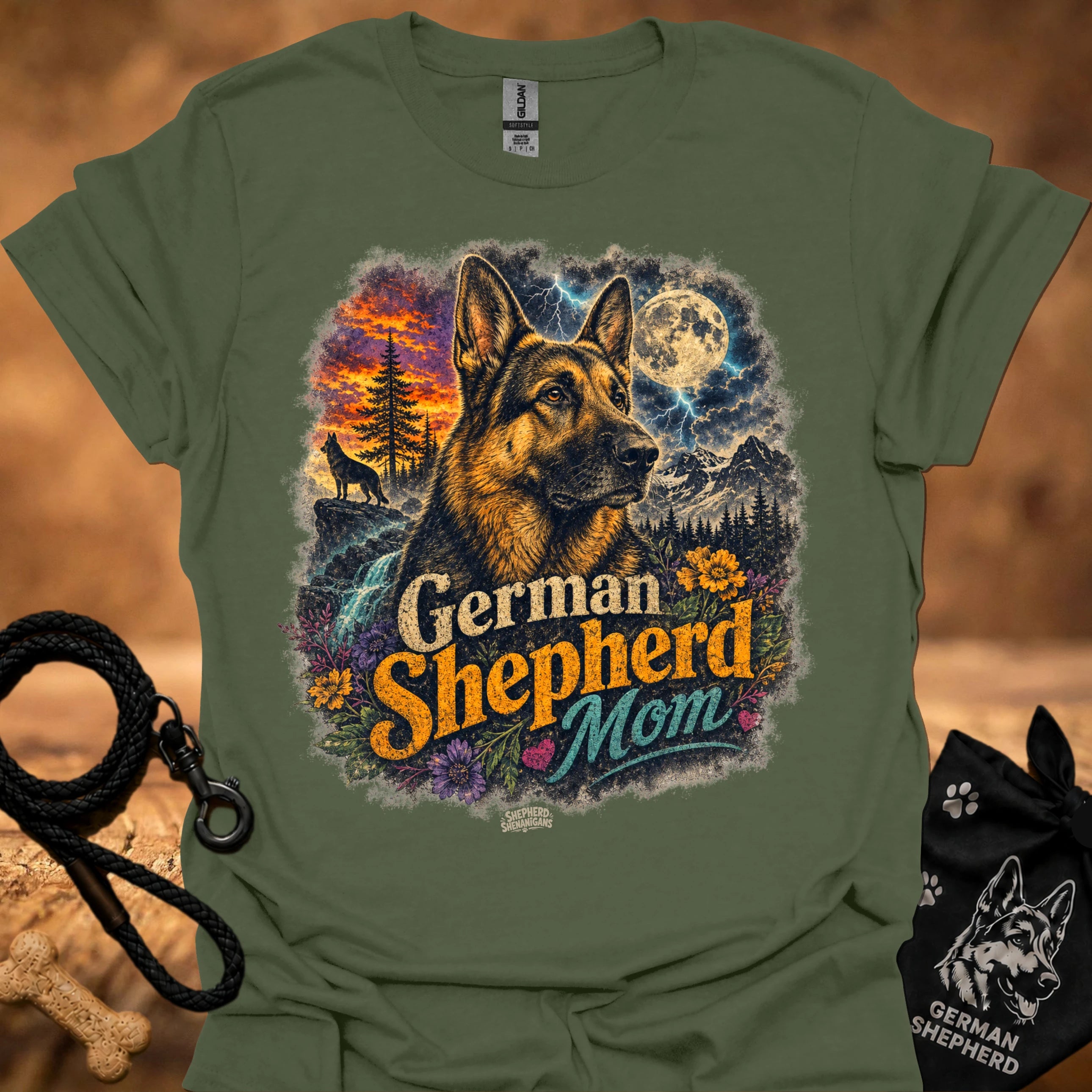 Military green T-shirt with German Shepherd Mom graphic, dog portrait and pine