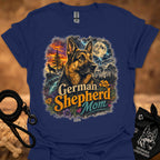 Navy T-shirt with German Shepherd Mom graphic, forest trees and full moon