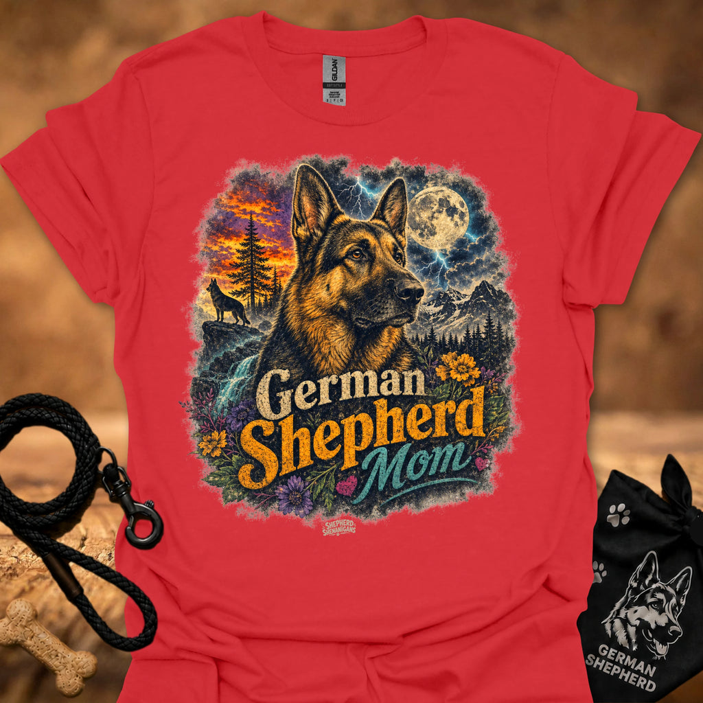 Red T-shirt with German Shepherd Mom graphic, German shepherd and night sky