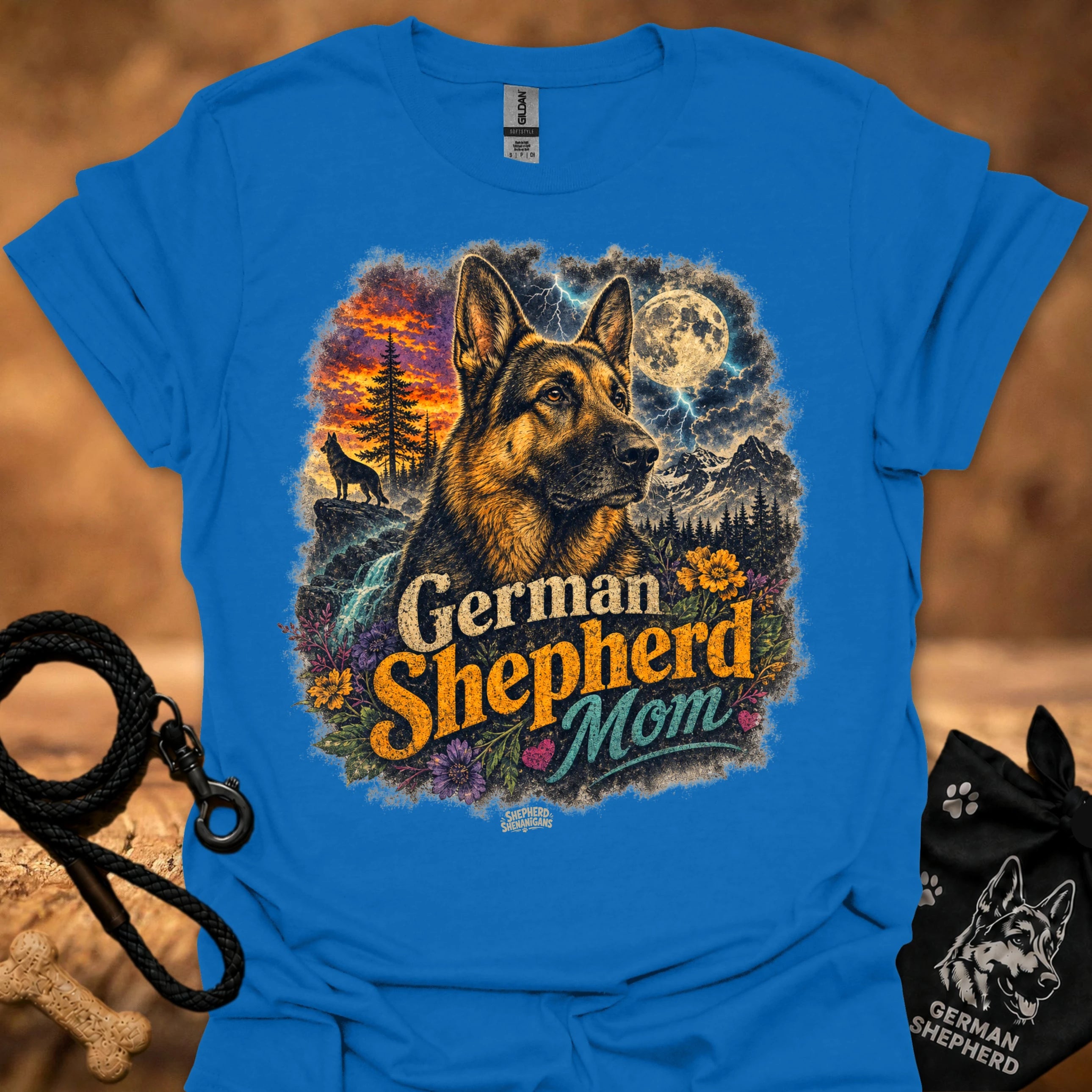 Royal blue T-shirt with German Shepherd Mom graphic, trees and glowing moon