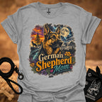 Heather gray T-shirt with German Shepherd Mom graphic, dog portrait and forest