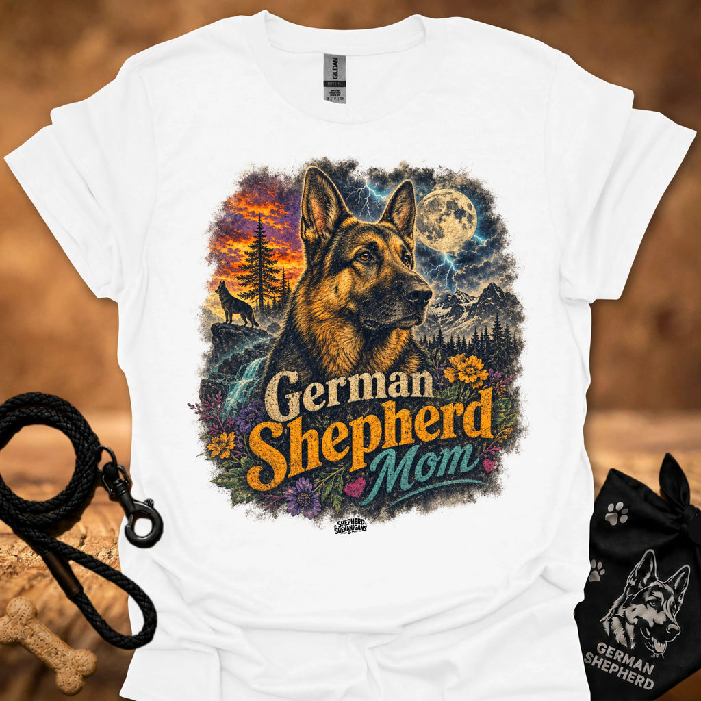 White T-shirt with German Shepherd Mom graphic, German shepherd in forest