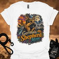 White T-shirt with German Shepherd Mom graphic, German shepherd in forest