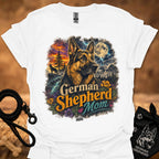 White T-shirt with German Shepherd Mom graphic, German shepherd in forest