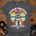 Charcoal T-shirt with large vintage rainbow German Shepherd puppy graphic on front