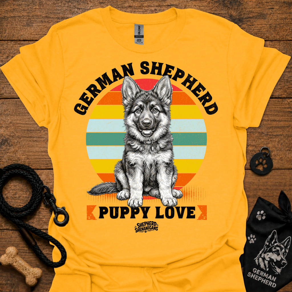 Yellow T-shirt with large rainbow German Shepherd puppy graphic and "Puppy Love" text