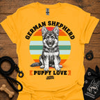 Yellow T-shirt with large rainbow German Shepherd puppy graphic and "Puppy Love" text