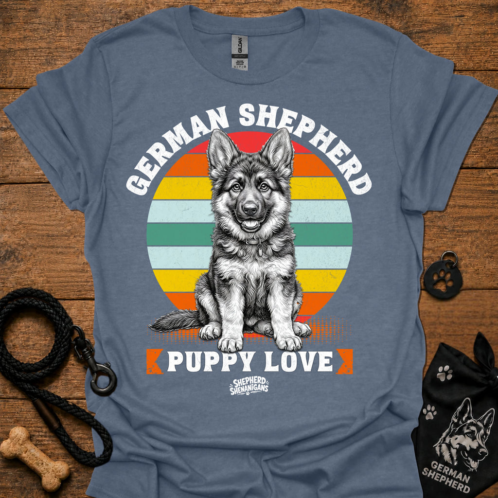 Heather blue T-shirt with seated German shepherd puppy and “Puppy Love” text