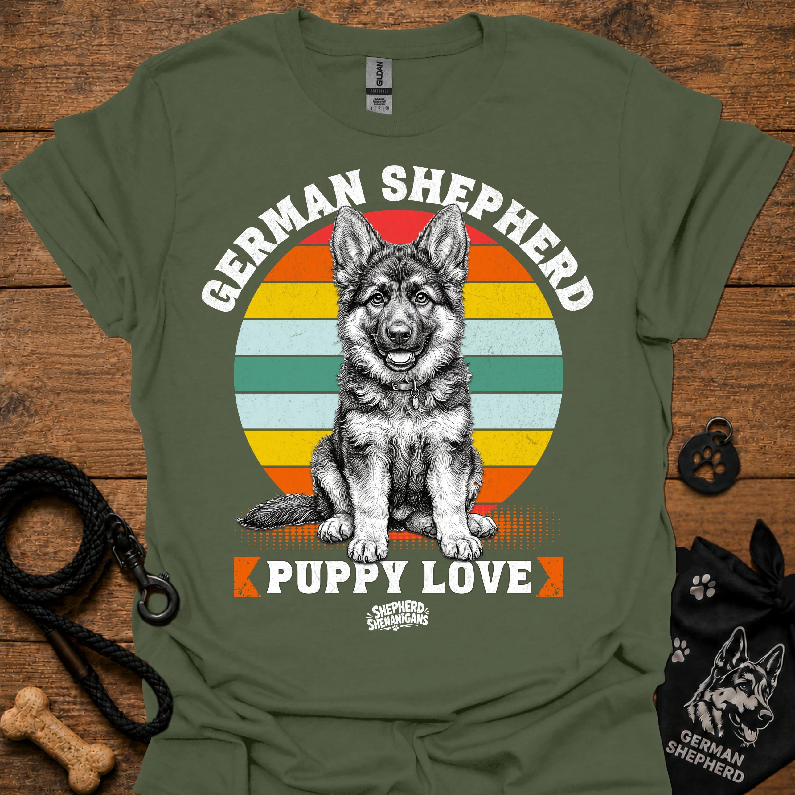 Olive green T-shirt with seated German shepherd puppy and “Puppy Love” text
