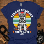 Navy T-shirt featuring a large rainbow German Shepherd puppy graphic on the front