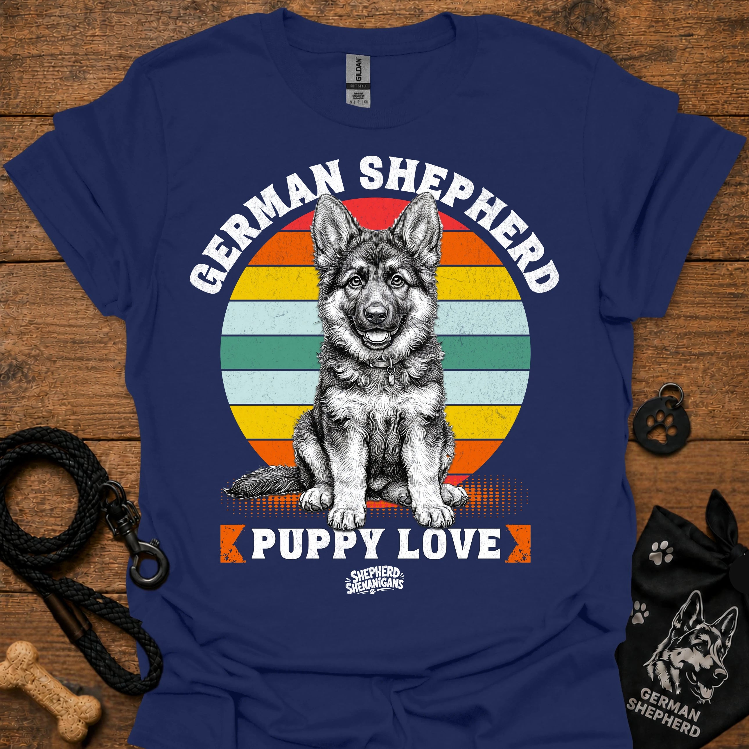 Navy T-shirt featuring a large rainbow German Shepherd puppy graphic on the front