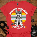 Red T-shirt with bold rainbow circle German Shepherd puppy graphic at the center