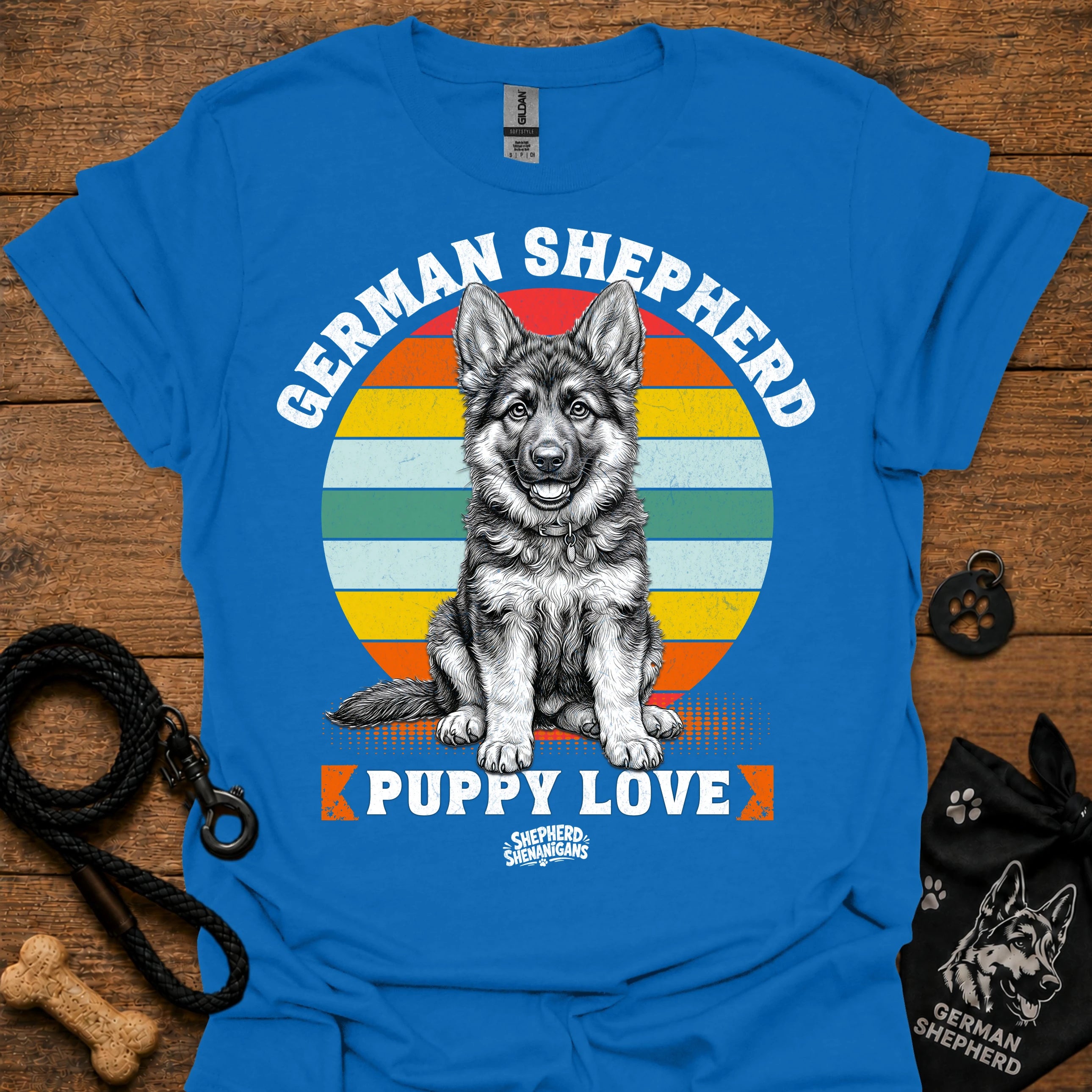 Royal blue T-shirt with large rainbow German Shepherd puppy graphic on the front
