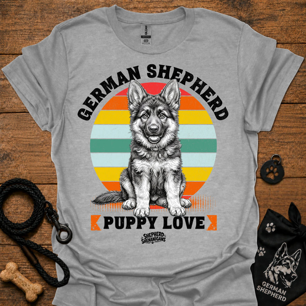 Sport grey T-shirt with a front graphic of a rainbow German Shepherd puppy
