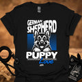 Black graphic t-shirt with German Shepherd puppy love front print