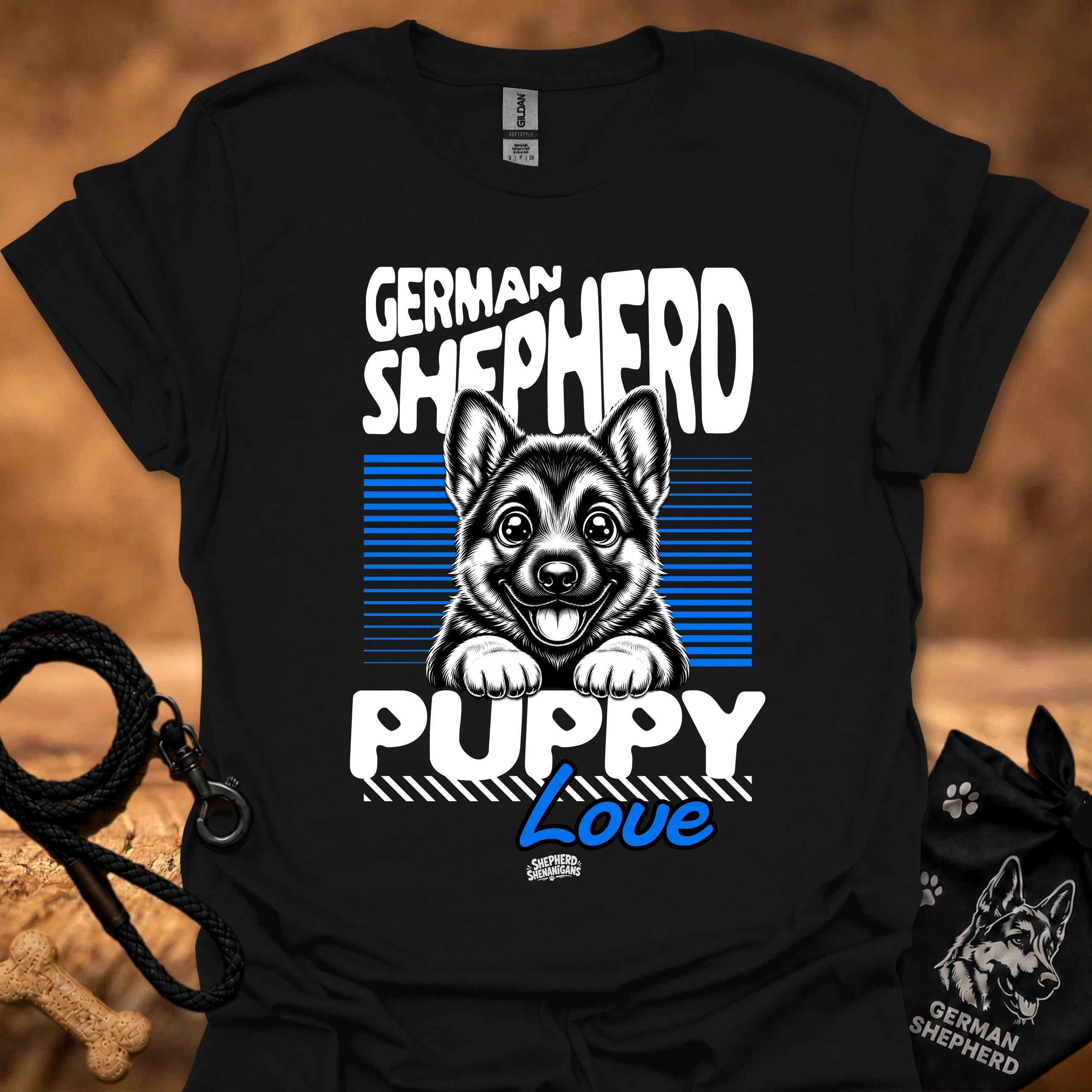 Black graphic t-shirt with German Shepherd puppy love front print