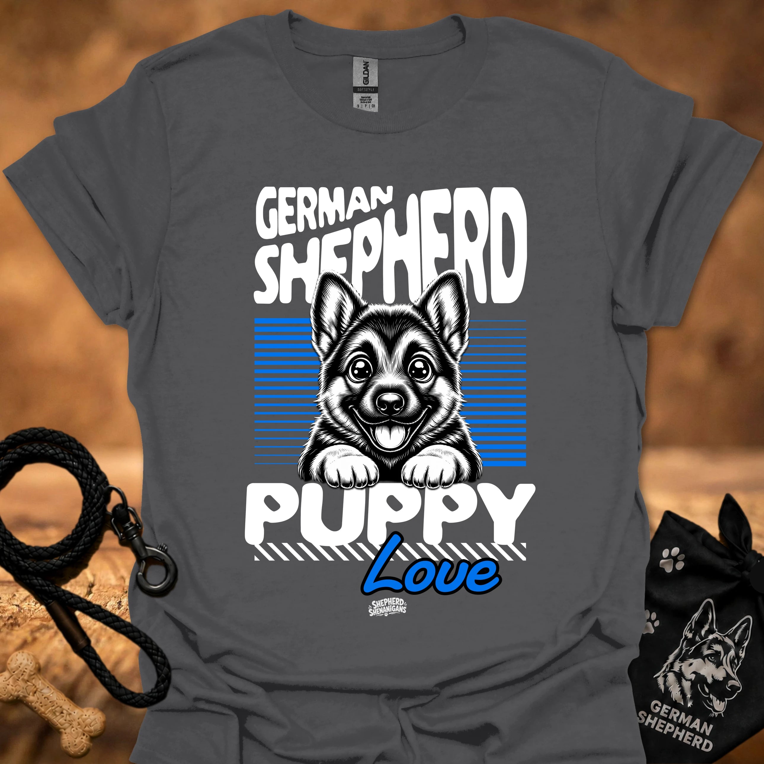 Charcoal gray graphic t-shirt with German Shepherd puppy love front print