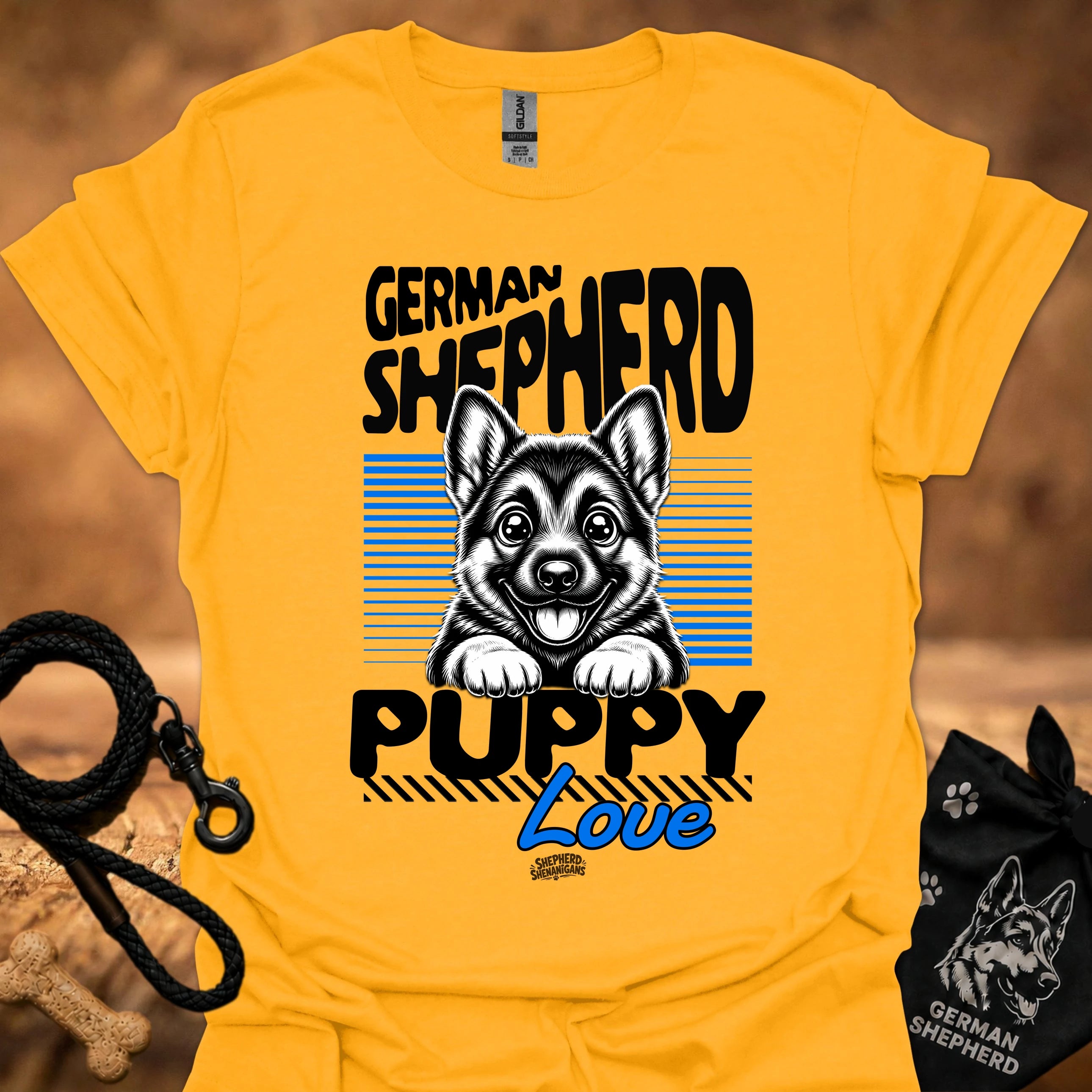 Gold graphic t-shirt with German Shepherd puppy love front print