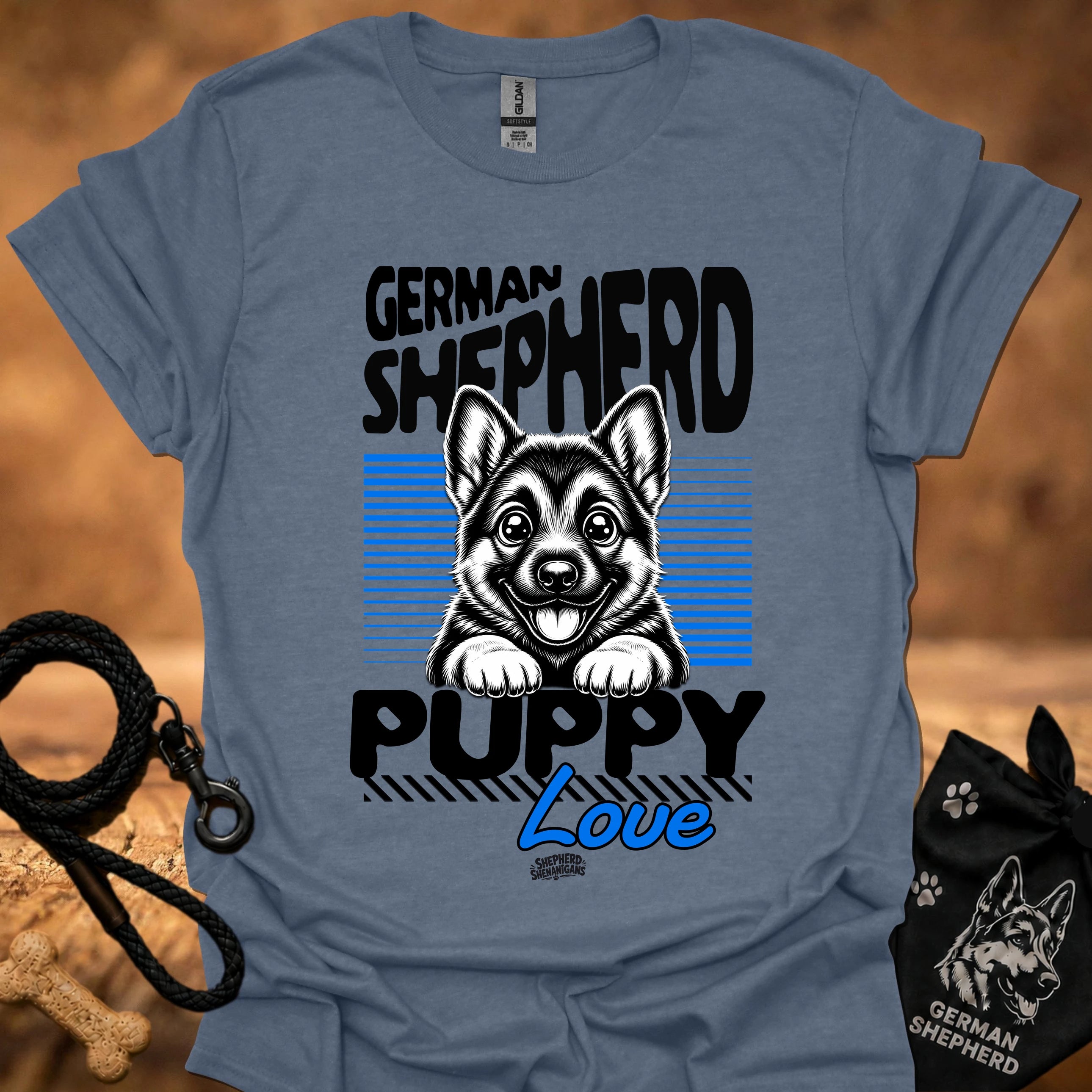 Heather indigo graphic t-shirt with German Shepherd puppy love front print