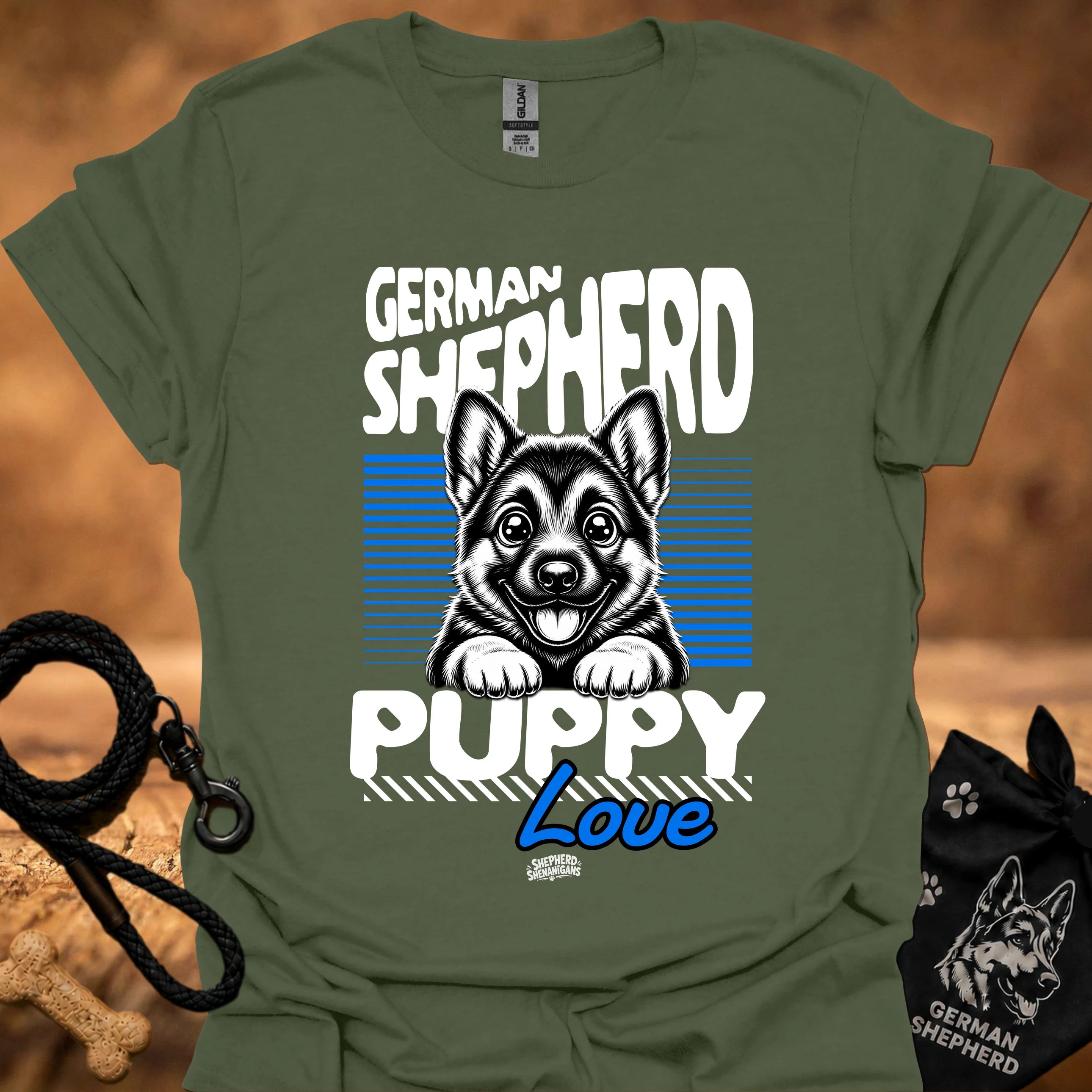 Military green graphic t-shirt with German Shepherd puppy love front print