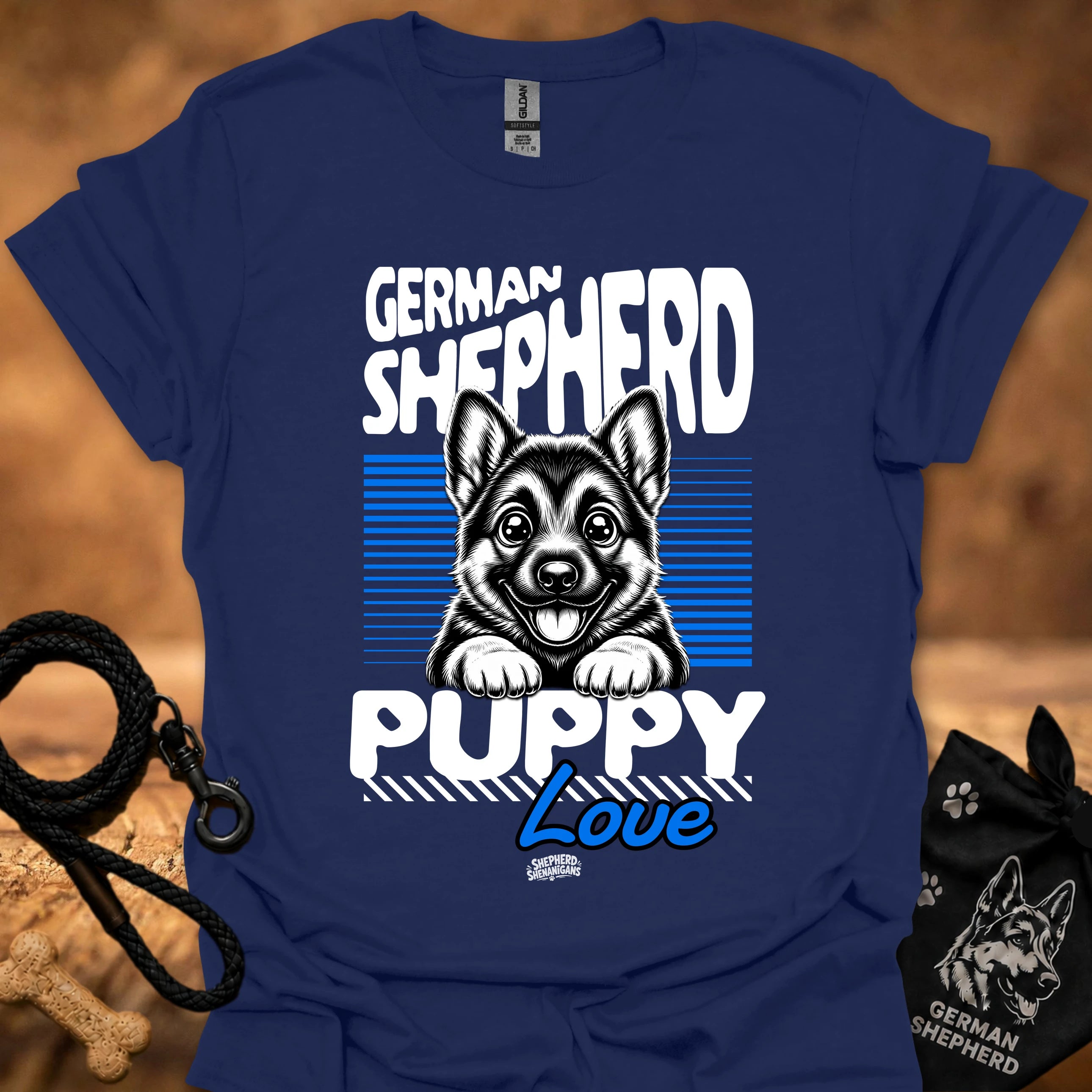 Navy graphic t-shirt with German Shepherd puppy love front print