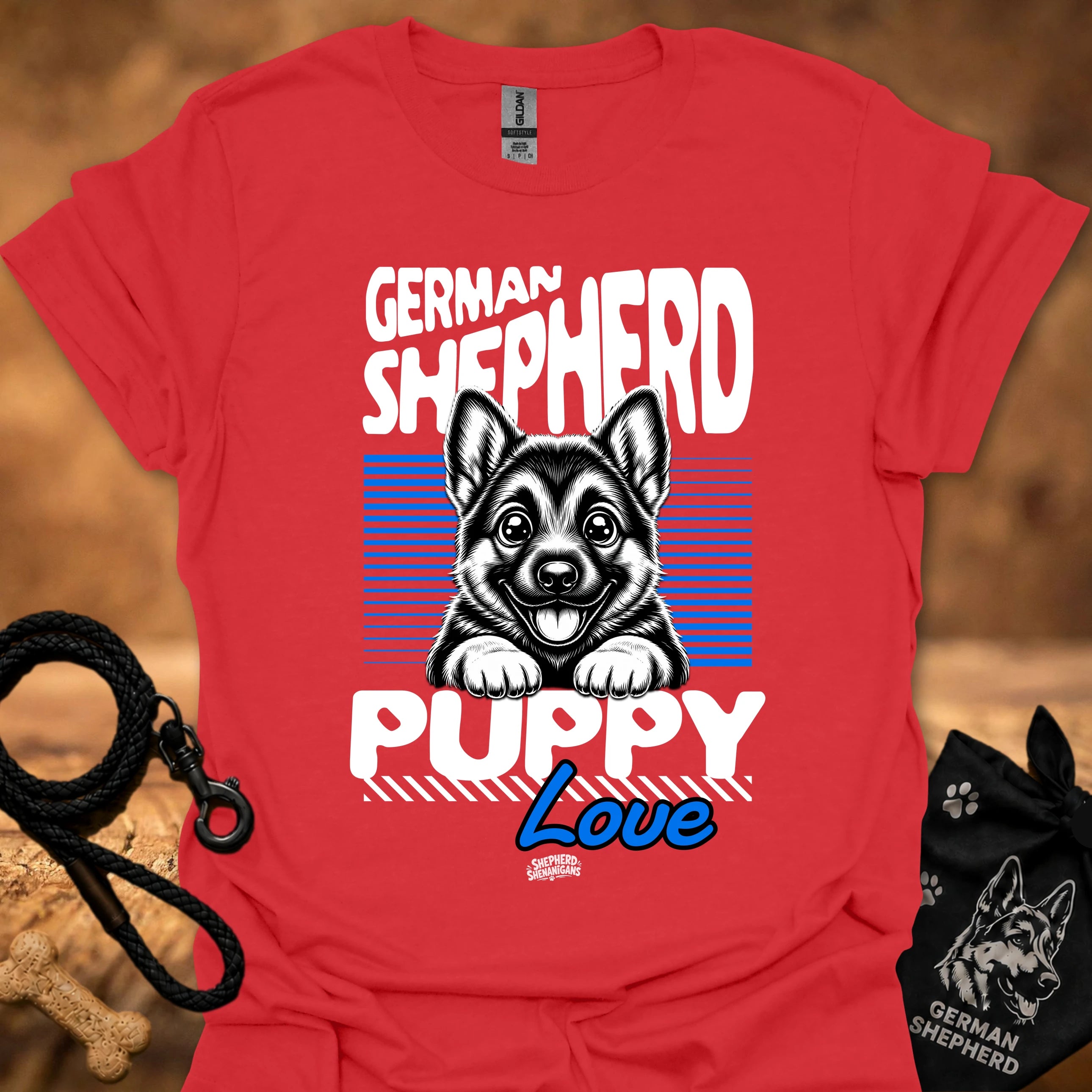 Red graphic t-shirt with German Shepherd puppy love front print