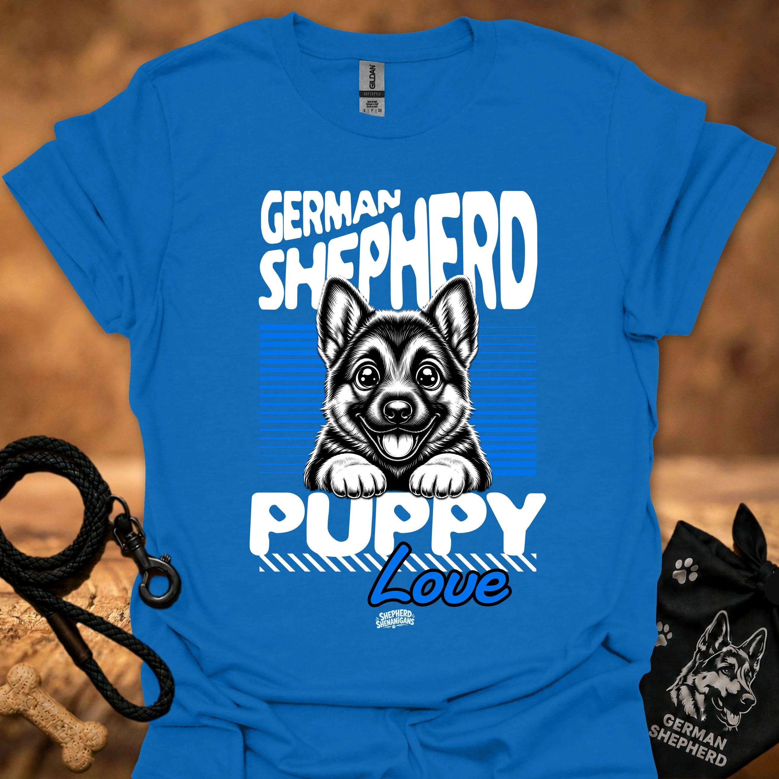 Royal blue graphic t-shirt with German Shepherd puppy love front print