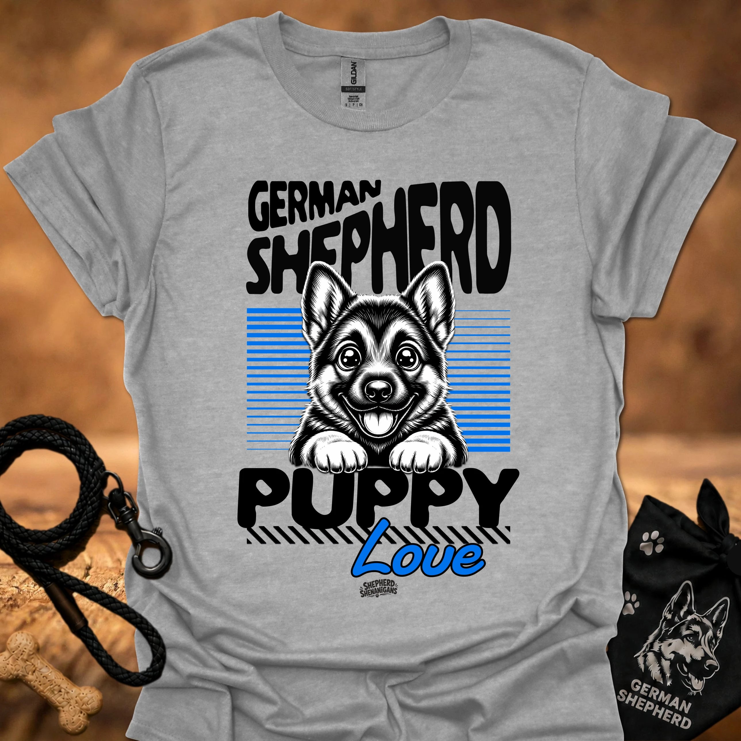 Sport gray graphic t-shirt with German Shepherd puppy love front print