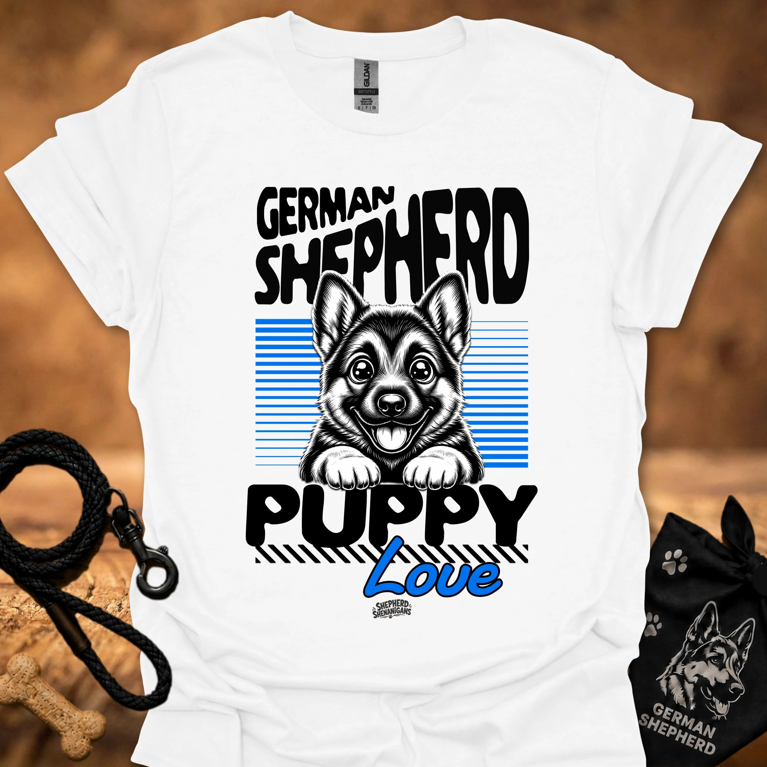 White graphic t-shirt with German Shepherd puppy love front print