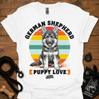 White T-shirt with centered rainbow circle German Shepherd puppy graphic