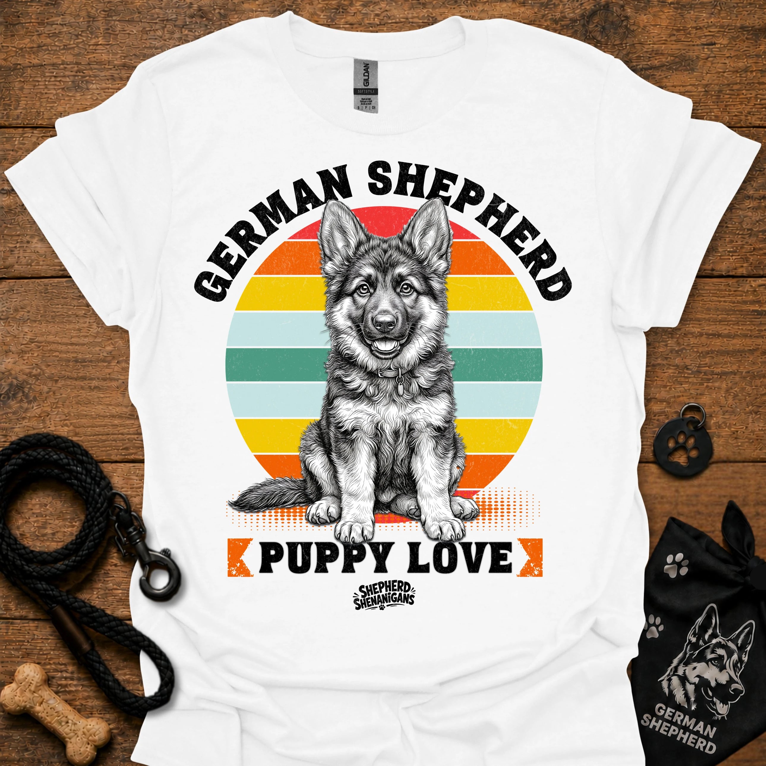 White T-shirt with centered rainbow circle German Shepherd puppy graphic