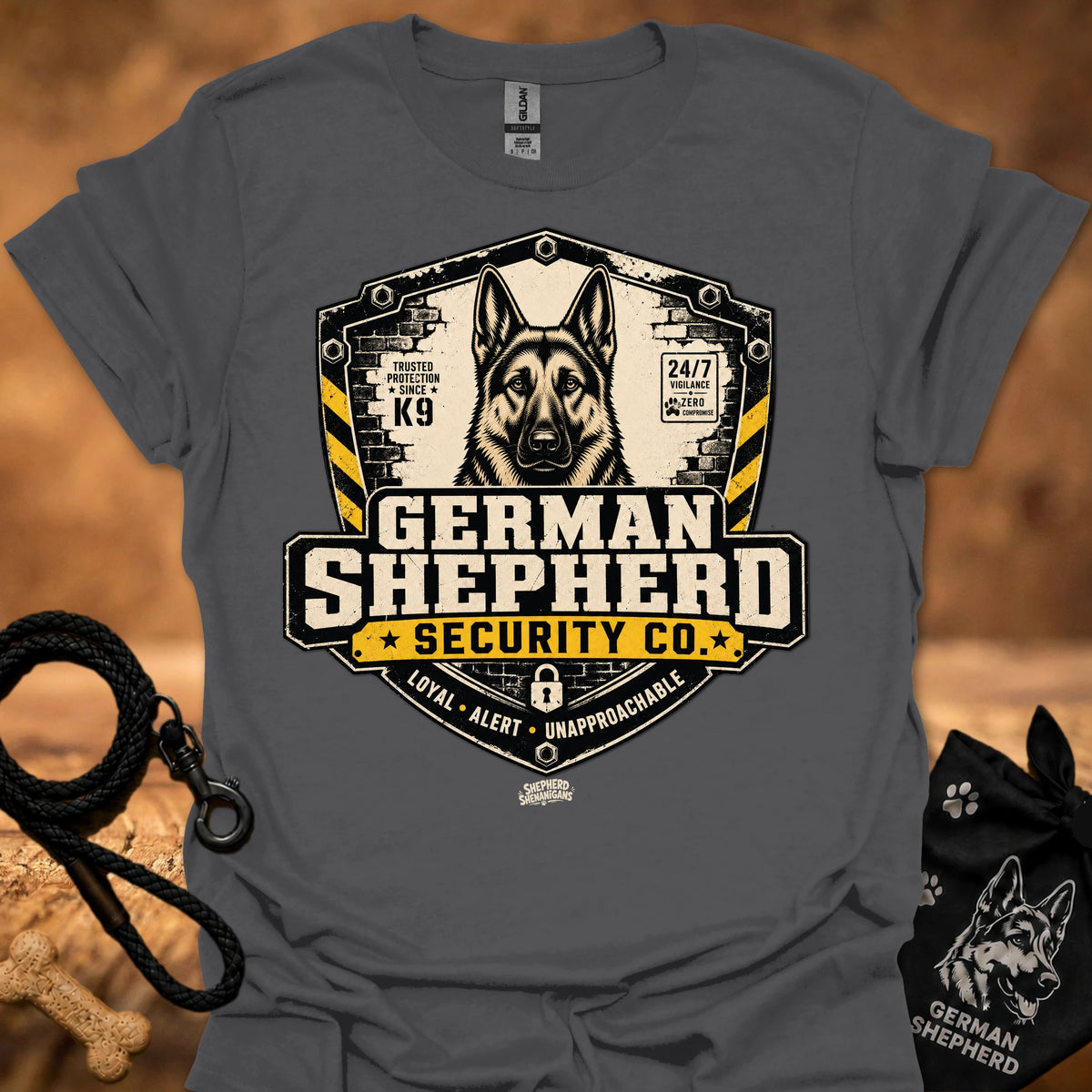 Charcoal crewneck T-shirt with German Shepherd Security Co front graphic