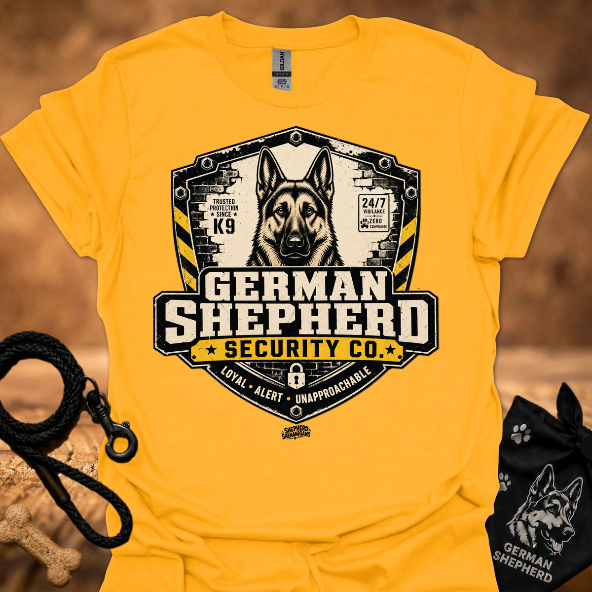 Gold crewneck T-shirt with German Shepherd Security Co front graphic