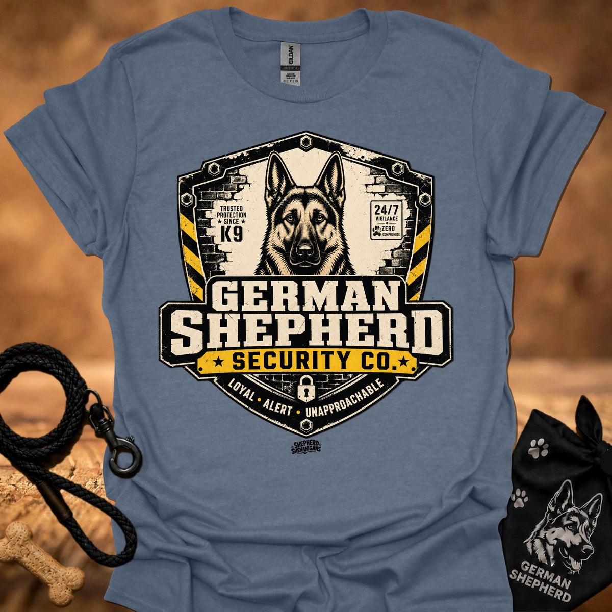Heather Indigo crewneck T-shirt with German Shepherd Security Co front graphic