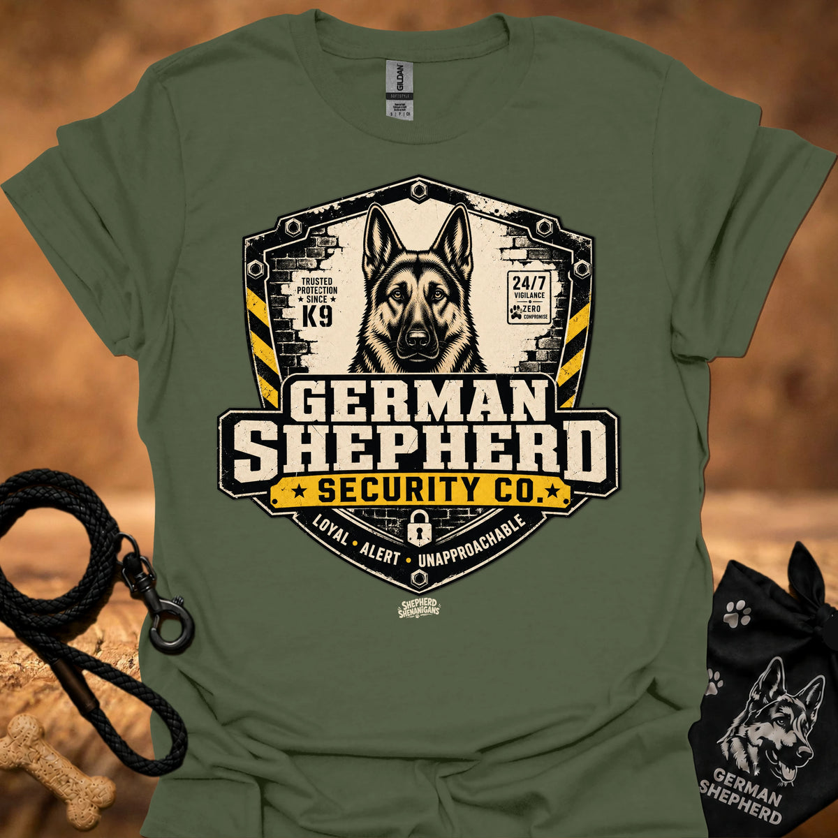 Military green crewneck T-shirt with German Shepherd Security Co front graphic
