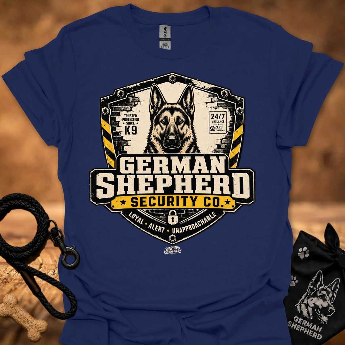 Navy crewneck T-shirt with German Shepherd Security Co front graphic