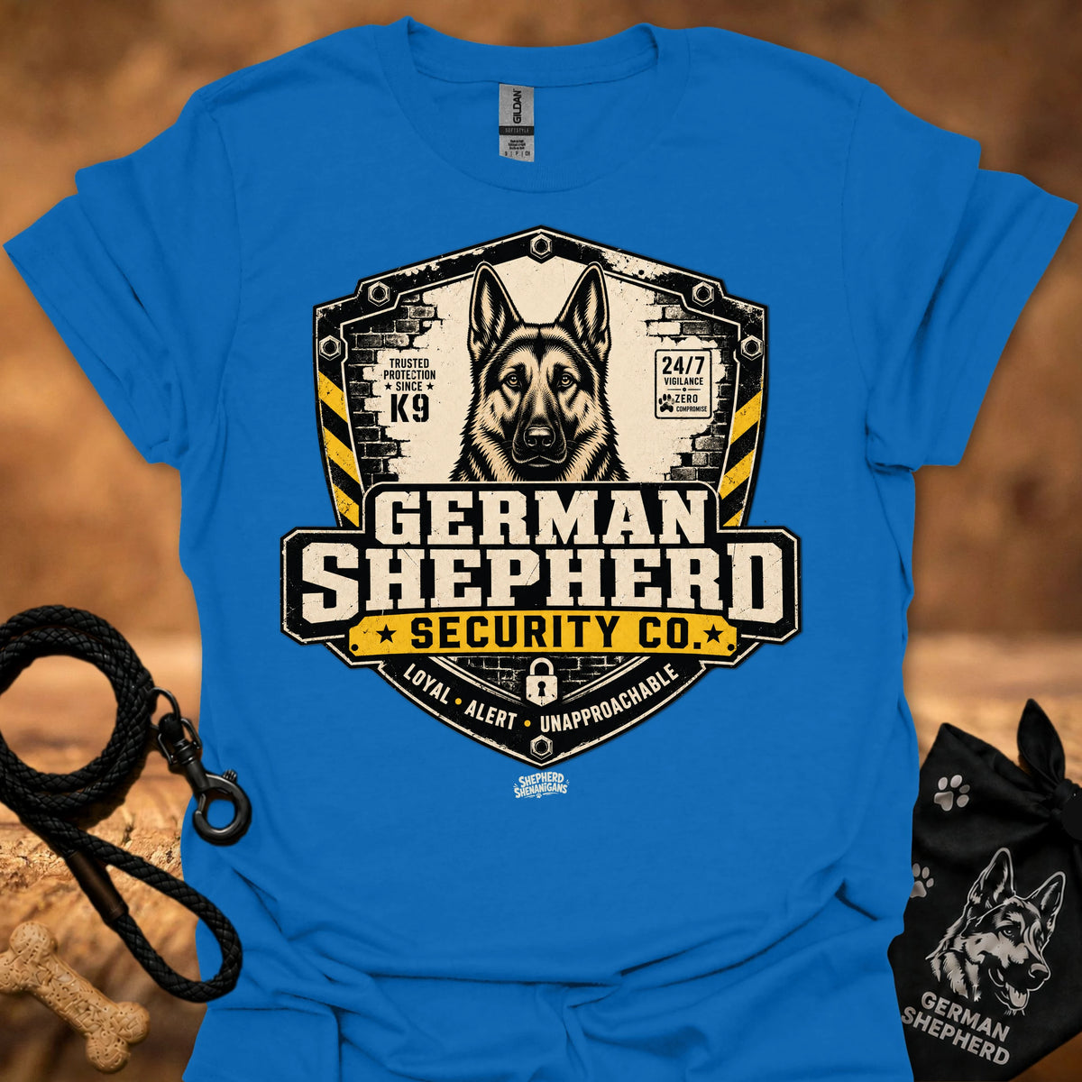 Royal blue crewneck T-shirt with German Shepherd Security Co front graphic