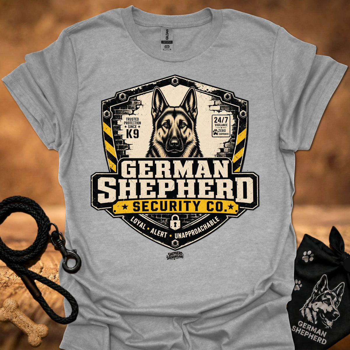 Sport Grey crewneck T-shirt with German Shepherd Security Co front graphic