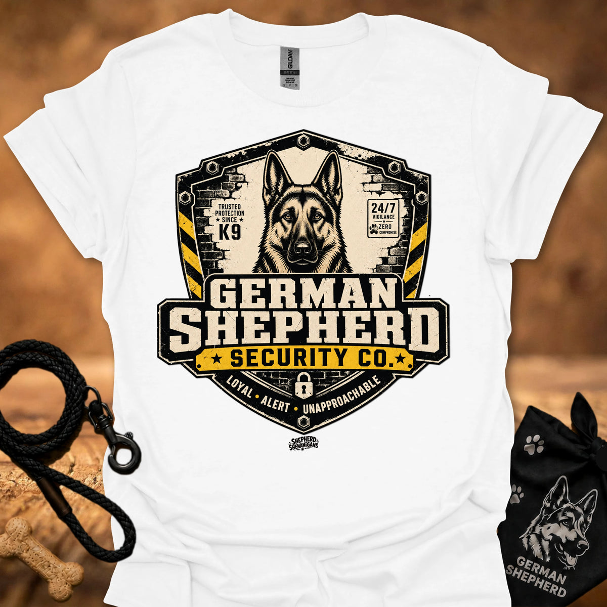 White crewneck T-shirt with German Shepherd Security Co front graphic