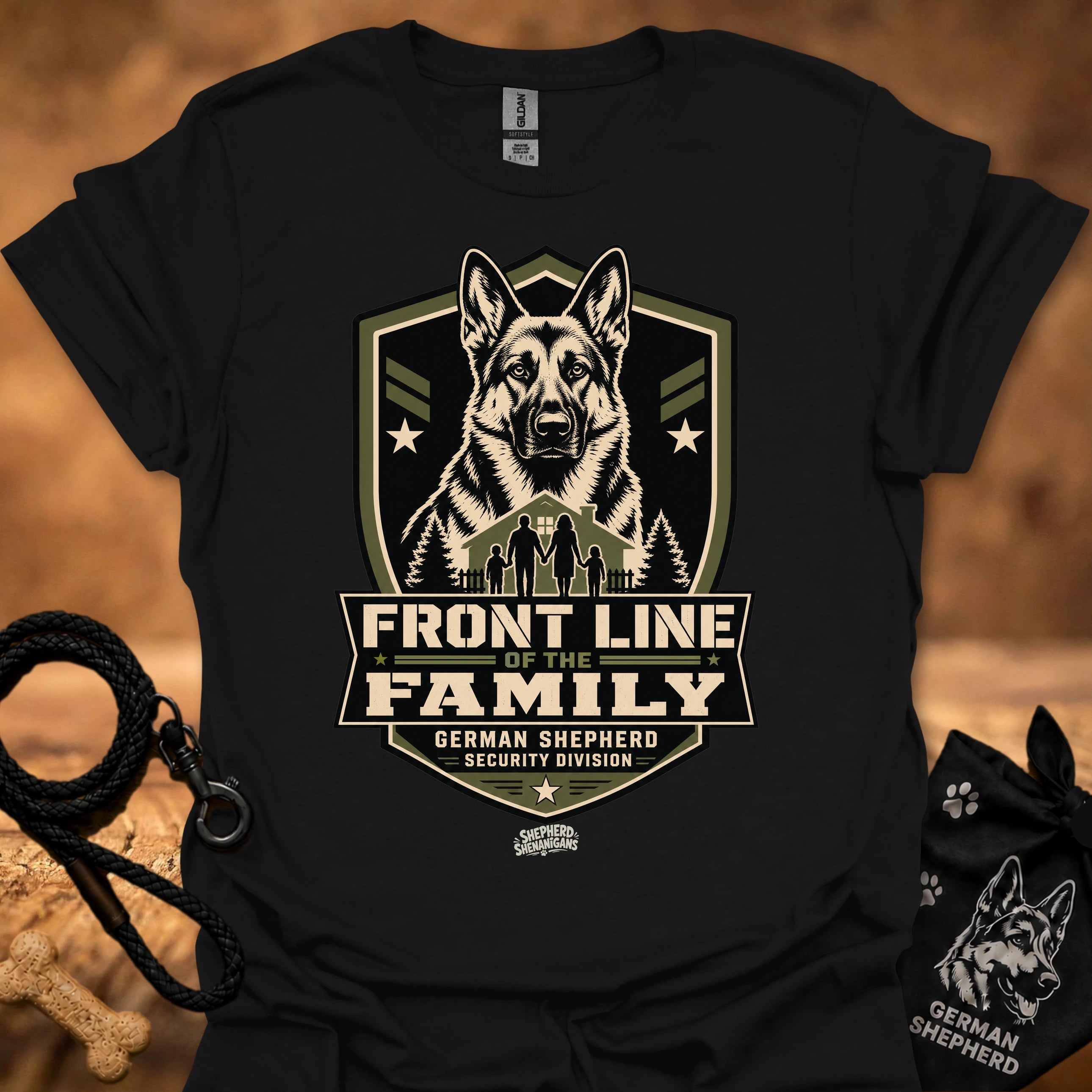 Black crew-neck t-shirt with Front Line of the Family German shepherd shield graphic