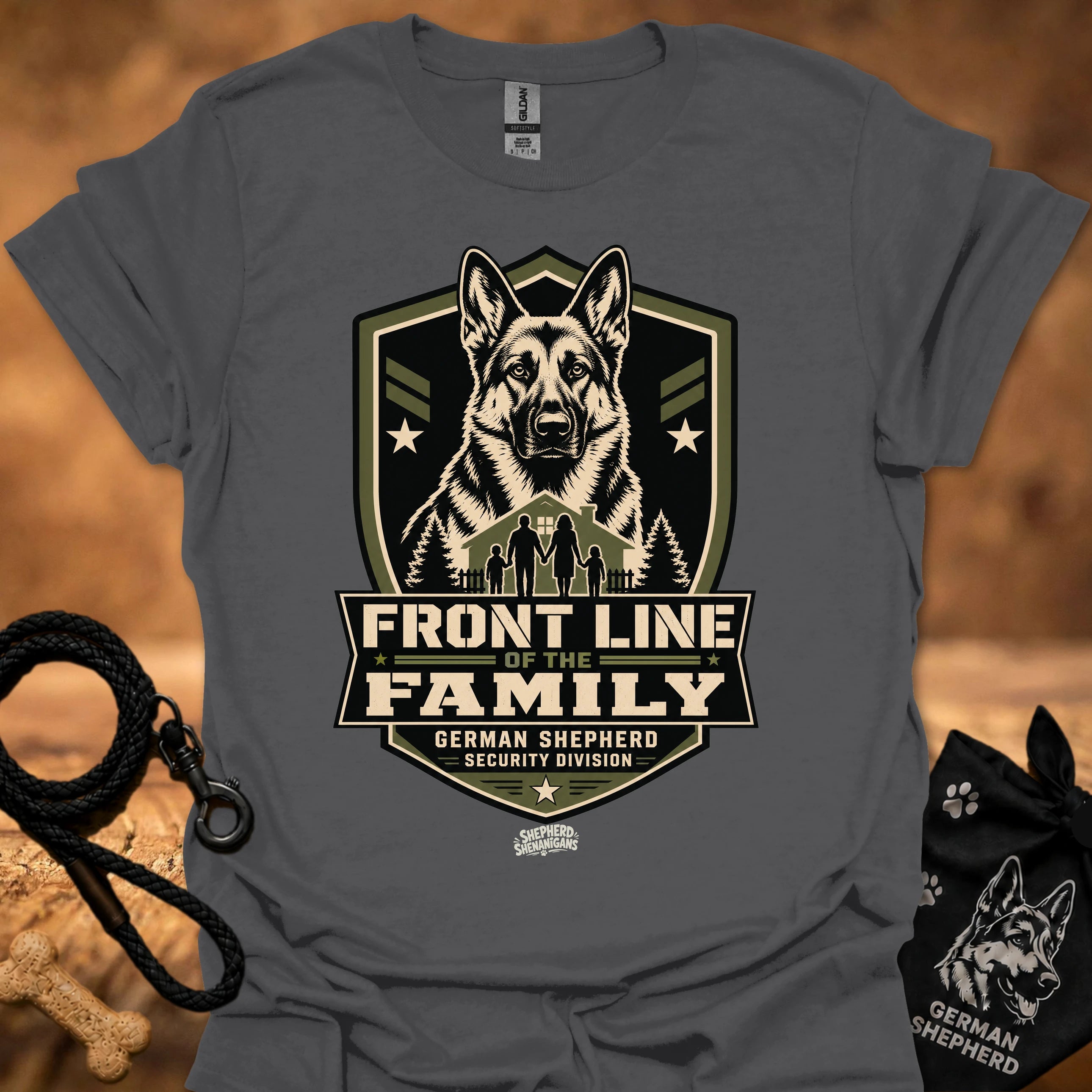 Charcoal crew-neck t-shirt with Front Line of the Family German shepherd shield graphic