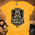 Gold crew-neck t-shirt with Front Line of the Family German shepherd shield graphic