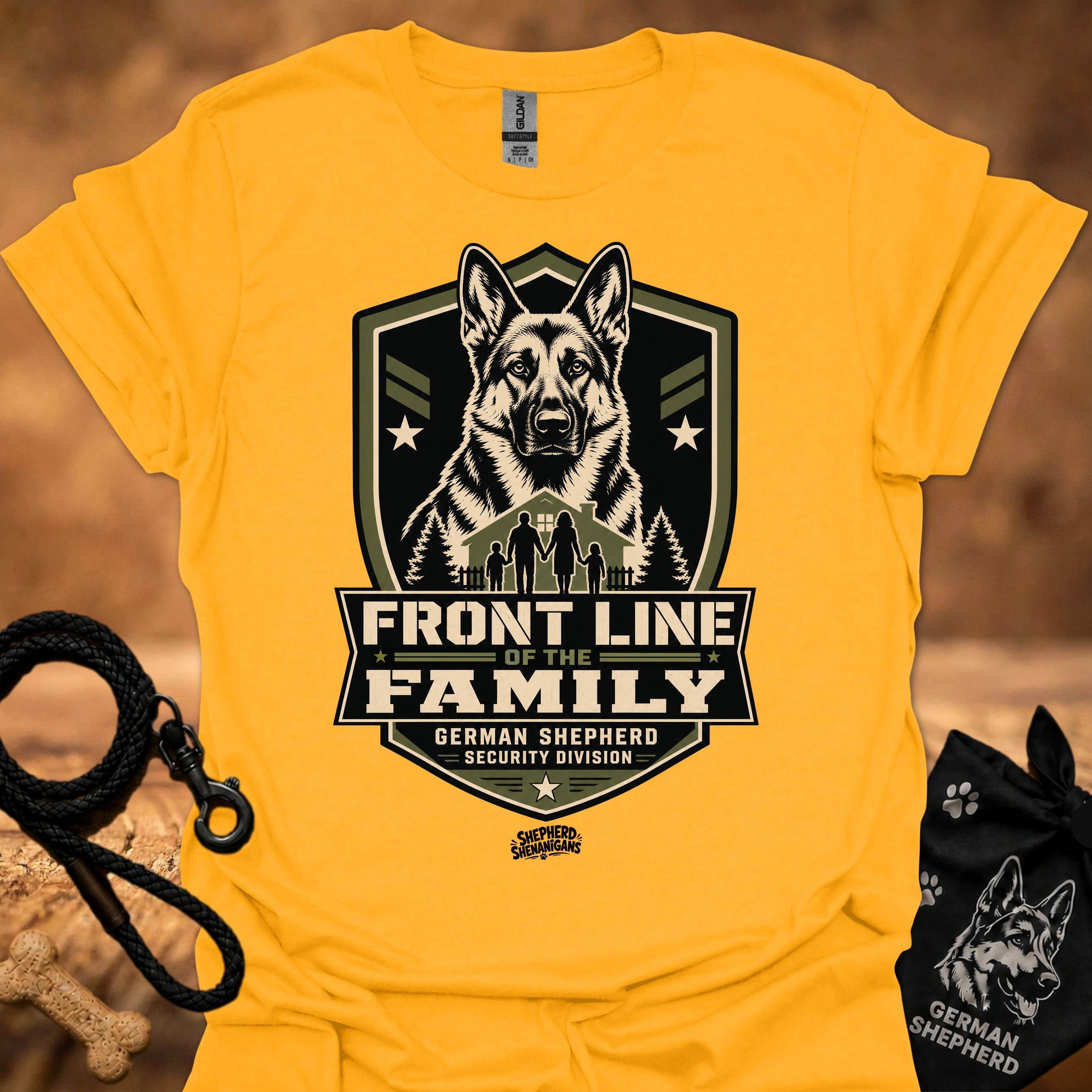 Gold crew-neck t-shirt with Front Line of the Family German shepherd shield graphic