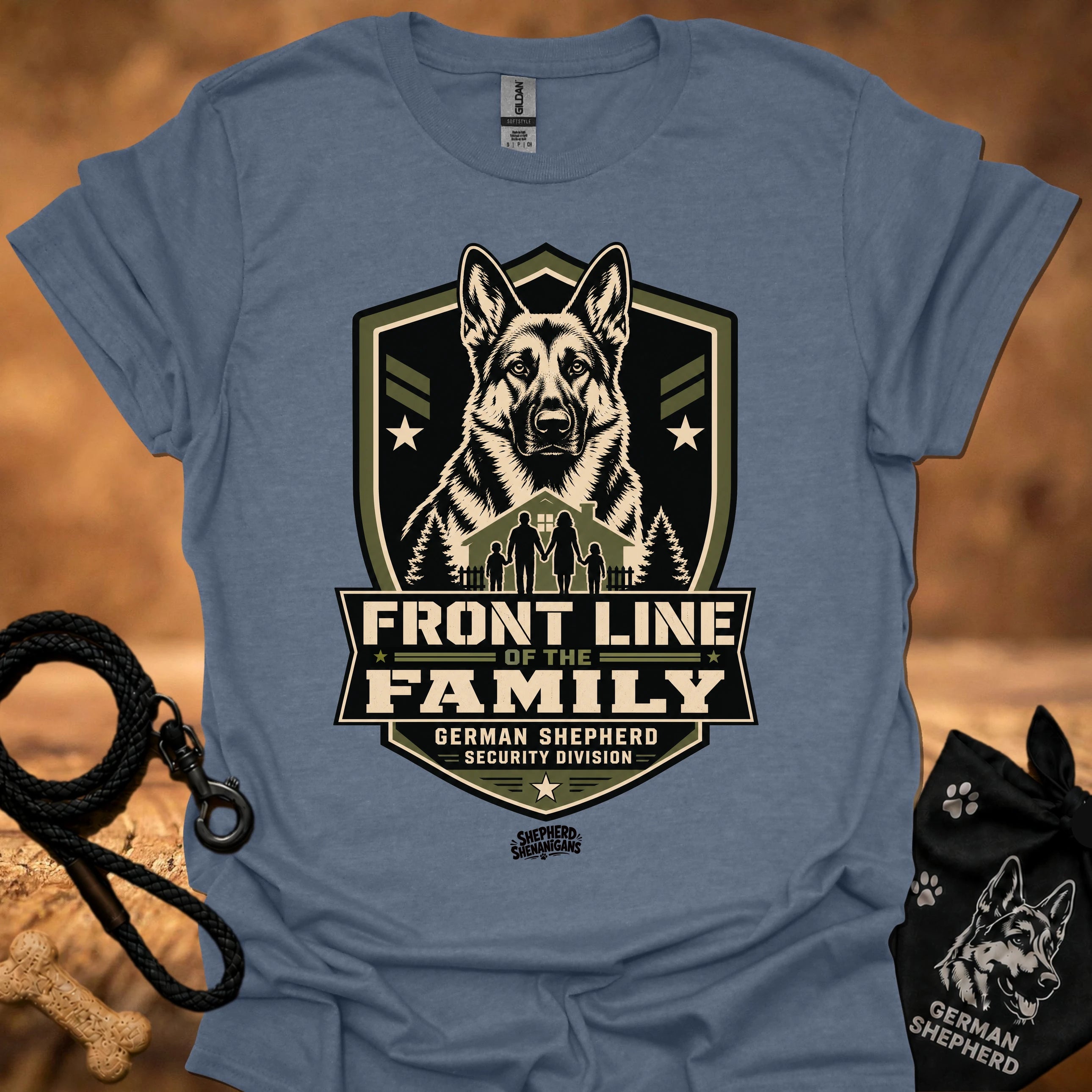 Light blue crew-neck t-shirt with Front Line of the Family German shepherd shield graphic