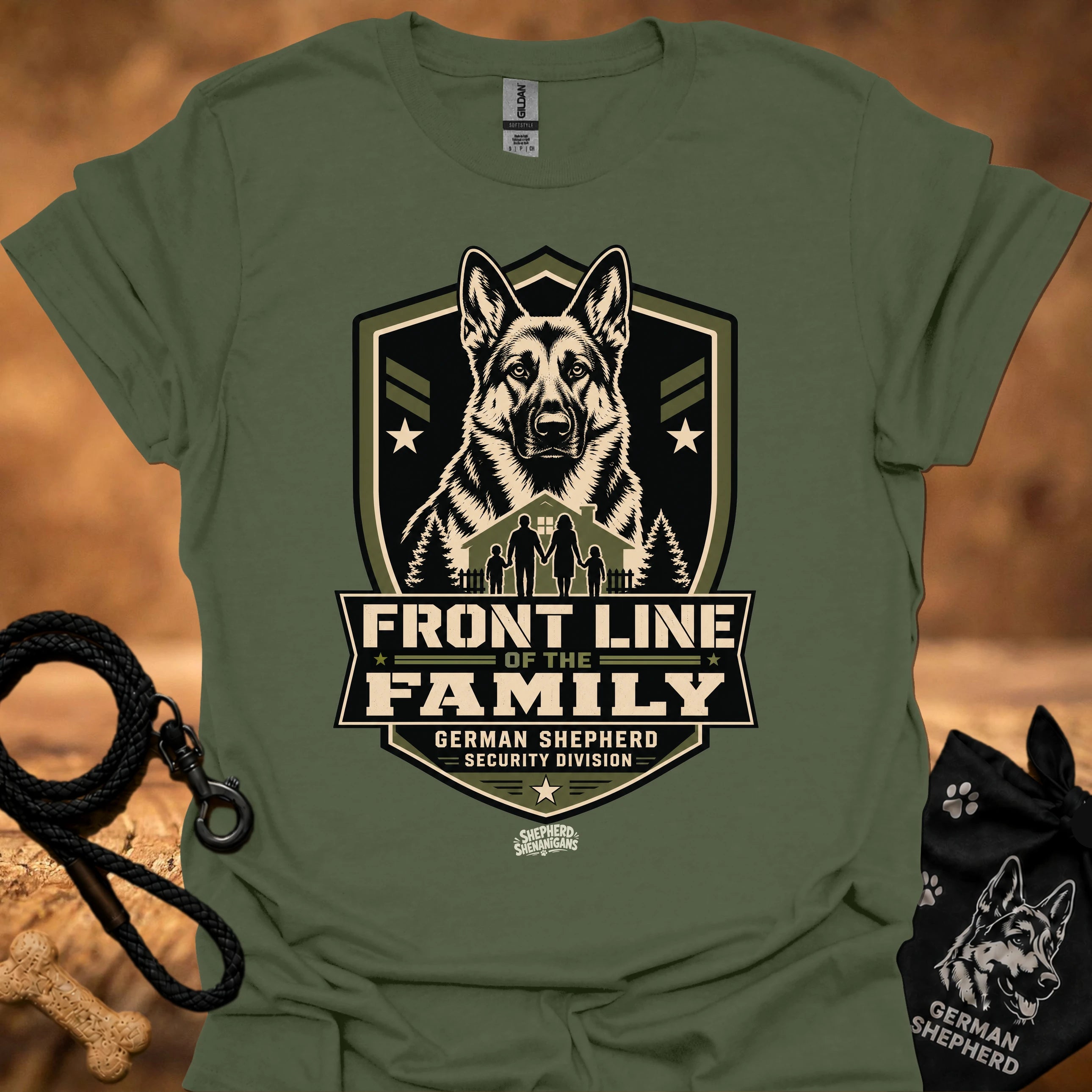 Military green crew-neck t-shirt with Front Line of the Family German shepherd shield graphic