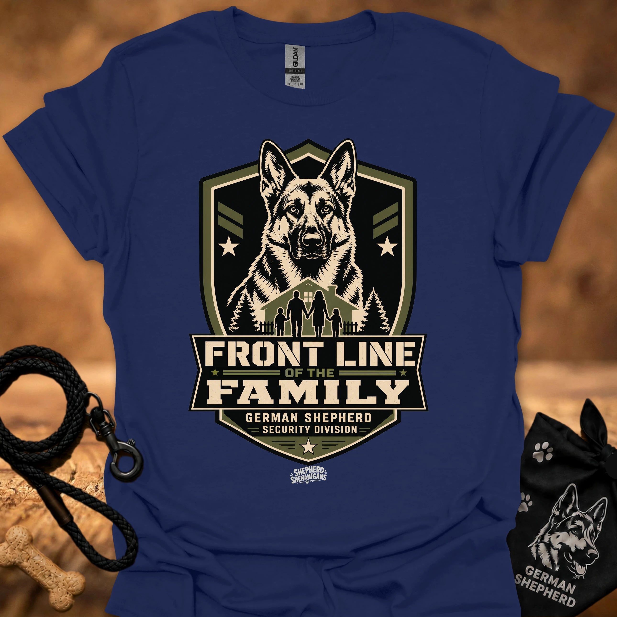 Royal blue crew-neck t-shirt with Front Line of the Family German shepherd shield graphic